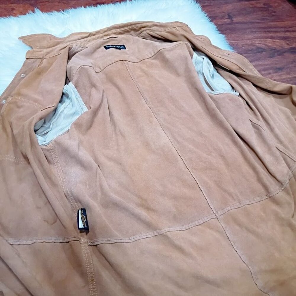 Bullock & Jones Mens Medium Suede Button-Up Shirt In Tan With Double Flap Pocket - Picture 15 of 16
